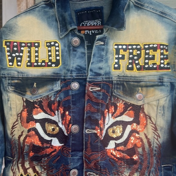 Copper Rivet “Wild Free” Sequin Tiger Denim Jacket - Picture 2 of 16